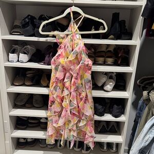 Womens Pink Floral Ruffle Halter Dress